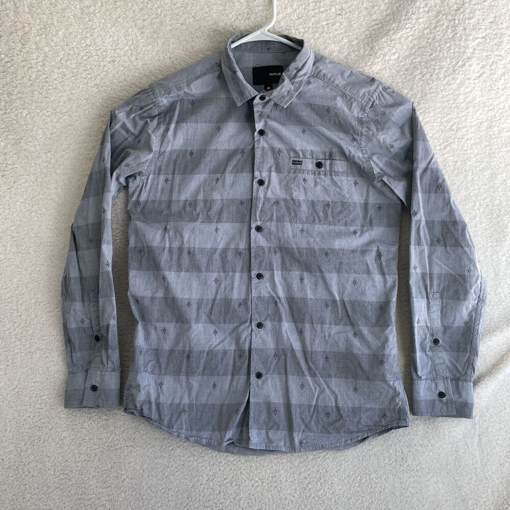 Hurley Shirt Mens Medium Gray Striped Long Sleeve Button Up Skater Cotton Casual